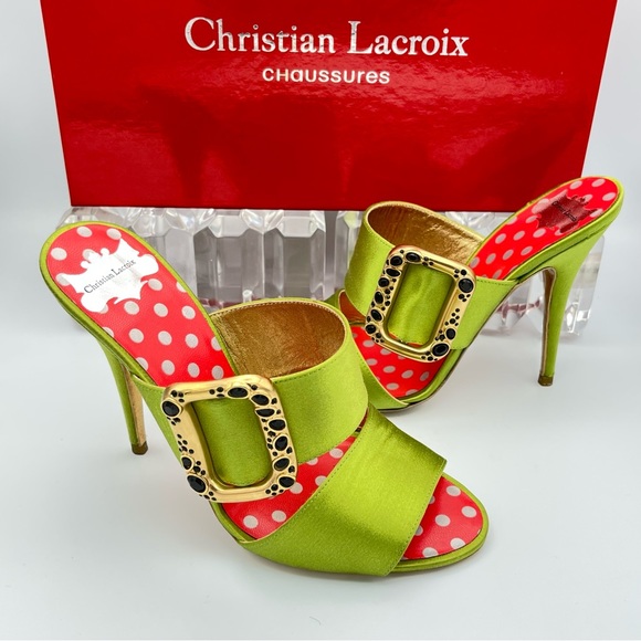 CHRISTIAN LACROIX ⚜️RARE NWT Green Satin Mule Stilettos Jeweled Gold Buckle 36.5 - Picture 7 of 15